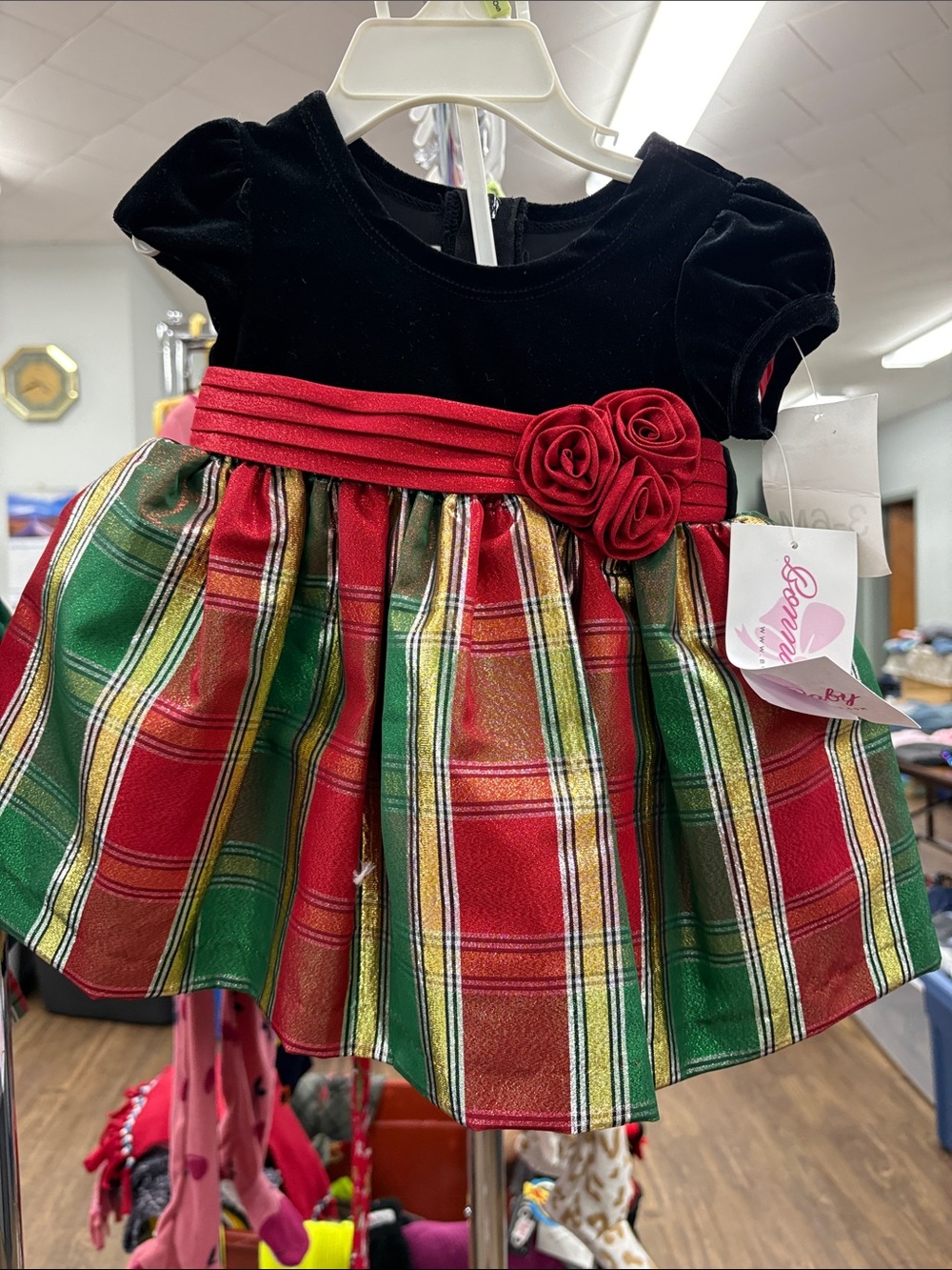 Bonnie Jean Black Top Red Green Plaid Holiday Dress